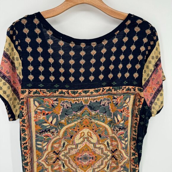 Lucky Brand Womens Boho Print Short Sleeve Top Gold blue medallion size 1X plus - Picture 11 of 13